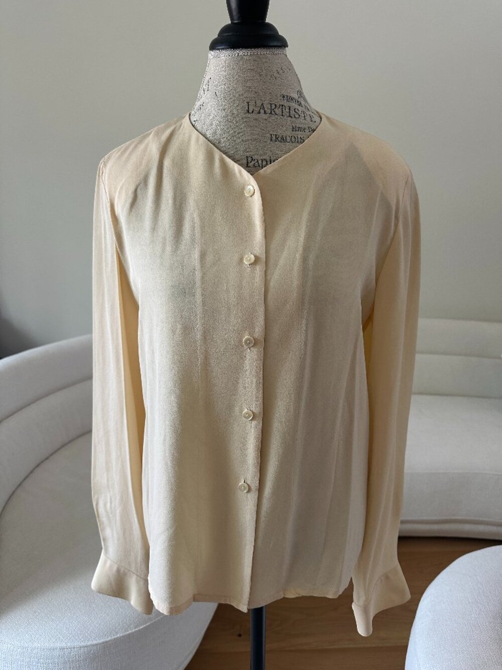 Vintage 90s Peter Nygard Butter Yellow 100% Silk Blouse Size 4 Minimalist Button
